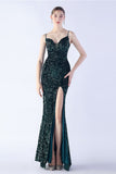 Glitter Mermaid Spaghetti Straps Beaded Symphony Black Formal Dress With Side Slit