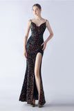 Glitter Mermaid Spaghetti Straps Beaded Symphony Black Formal Dress With Side Slit