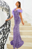Purple Mermaid Off the Shoulder Sequins Ball Dress
