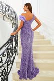 Purple Mermaid Off the Shoulder Sequins Ball Dress