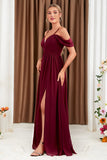 Burgundy A-Line Cold Shoulder Formal Dress with Slit