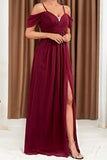 Burgundy A-Line Cold Shoulder Formal Dress with Slit