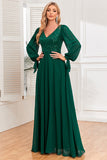 Dark Green A-Line V Neck Long Ball Dress With Sequins