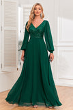 Dark Green A-Line V Neck Long Ball Dress With Sequins