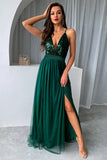 Dark Green A-Line Spaghetti Straps Long Ball Dress with Slit