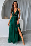 Dark Green A-Line Spaghetti Straps Long Ball Dress with Slit