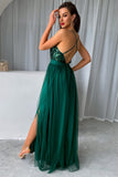 Dark Green A-Line Spaghetti Straps Long Ball Dress with Slit