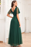 Dark Green A-Line V Neck Tulle Ball Dress with Sequins
