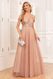 Champagne A-Line Tulle Long Ball Dress with Sequins