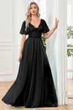 Black A-Line V Neck Long Ball Dress with Sequins