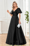 Black A-Line V Neck Long Ball Dress with Sequins
