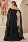 Black  A-line Off The Shoulder Chiffon Long Ball Dress