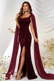 Burgundy Mermaid Square Neck Sequins Long Ball Dress with Slit