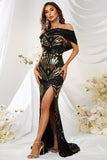 Black Gold Mermaid One Shoulder Sequins Ball Dress with Slit
