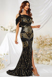 Black Gold Mermaid One Shoulder Sequins Ball Dress with Slit