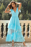 Sky Blue A-Line V Neck Tulle Ball Dress with Ruffles