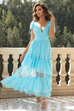 Sky Blue A-Line V Neck Tulle Ball Dress with Ruffles