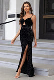 Black Mermaid Spaghetti Straps Sequin Ball Dress with Slit