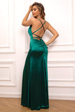 Dark Green Spaghetti Straps Mermaid Satin Ball Dress with Slit