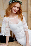 White Mermaid Lace Midi Dress With Half Sleeves