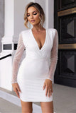 Sparkly White V-Neck Open Back Bodycon Dress With Long Sleeves