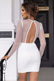 Sparkly White V-Neck Open Back Bodycon Dress With Long Sleeves