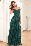 Dark Green A-Line Off The Shoulder Sequins Long Ball Dress