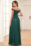 Dark Green A-Line Off The Shoulder Sequins Long Ball Dress