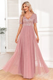Dusty Rose A-Line V Neck Tulle Ball Dress with Short Sleeves