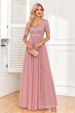 Dusty Rose A-Line V Neck Tulle Ball Dress with Short Sleeves