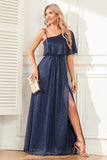 Sparkly A-Line Navy Ball Dress with Slit