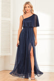 Sparkly A-Line Navy Ball Dress with Slit