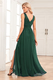 A-Line Sparkly V-Neck Dark Green Ball Dress with Slit