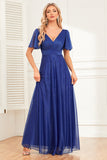 Sparkly Royal Blue A-Line V-Neck Long Ball Dress with Ruffles
