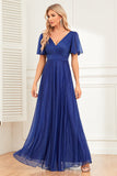 Sparkly Royal Blue A-Line V-Neck Long Ball Dress with Ruffles