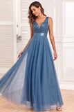 A-Line V-Neck Blue Ball Dress