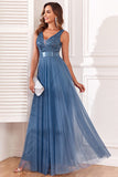 A-Line V-Neck Blue Ball Dress