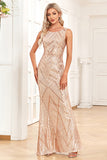 Golden Mermaid Round Neck Sequins Long Ball Dress