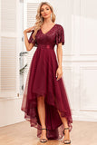 Burgundy A-Line V Neck Short Sleeves High Low Ball Dress