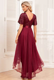 Burgundy A-Line V Neck Short Sleeves High Low Ball Dress