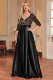Black A-Line V Neck Sequins Short Sleeves Long Ball Dress