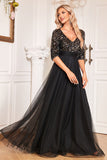 Black A-Line V Neck Short Sleeves Sequins Ball Dress