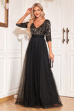 Black A-Line V Neck Short Sleeves Sequins Ball Dress