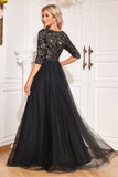 Black A-Line V Neck Short Sleeves Sequins Ball Dress