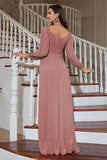 Long Sleeves Pleated Mother of the Bride Dress with Beading