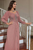 Long Sleeves Pleated Mother of the Bride Dress with Beading