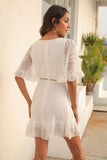 V Neck White Lace Mid-Sleeve Dress