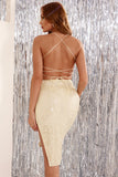 Beige Sequins Backless Cocktail Dress