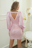 Bling Sheath V Neck Pink Short Party Dress