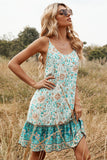 Green Flower Print Summer Boho Dress